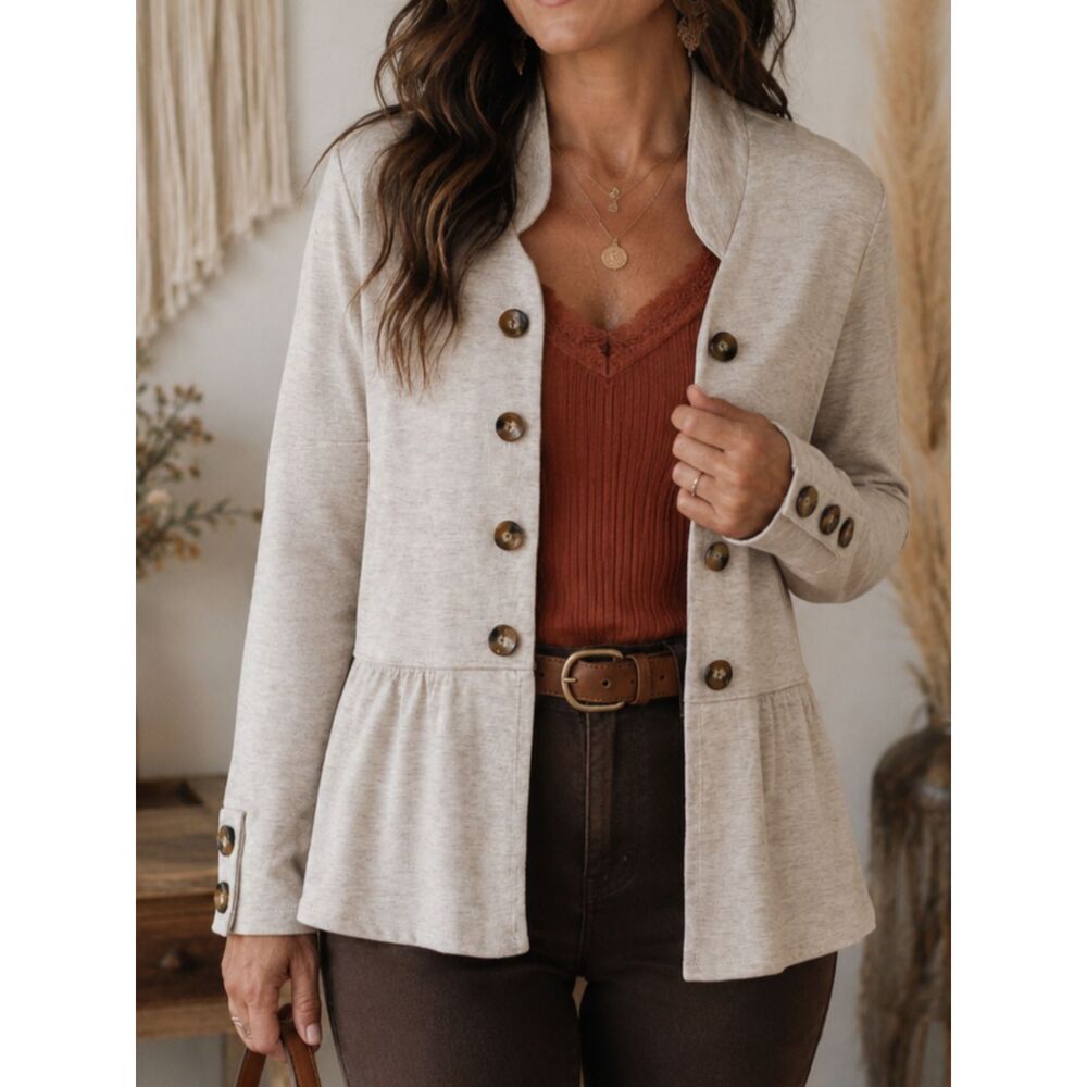 Ophelia Roe Women's Medium Oatmeal Peplum Cardigan Jacket Button Front Boho